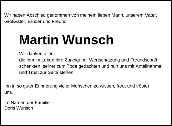 Traueranzeige von Martin Wunsch von Nordkurier Neubrandenburger Zeitung