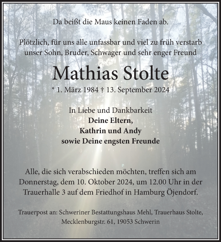  Traueranzeige für Mathias Stolte vom 05.10.2024 aus Zeitung für die Landeshauptstadt