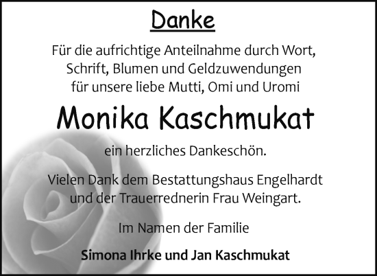 Traueranzeige von Monika Kaschmukat von Nordkurier Müritz-Zeitung