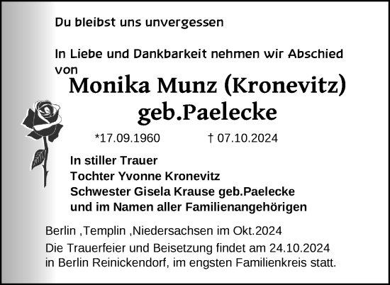 Traueranzeige von Monika Munz von Uckermark Kurier Templiner Zeitung