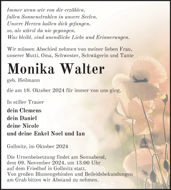 Traueranzeige von Monika Walter von Uckermark Kurier Prenzlauer Zeitung