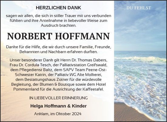 Traueranzeige von Norbert Hoffmann von Nordkurier Vorpommern Kurier