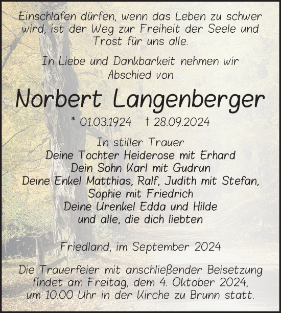 Traueranzeige von Norbert Langenberger von Nordkurier Neubrandenburger Zeitung