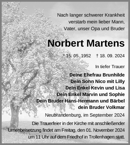 Traueranzeige von Norbert Martens von Nordkurier Neubrandenburger Zeitung