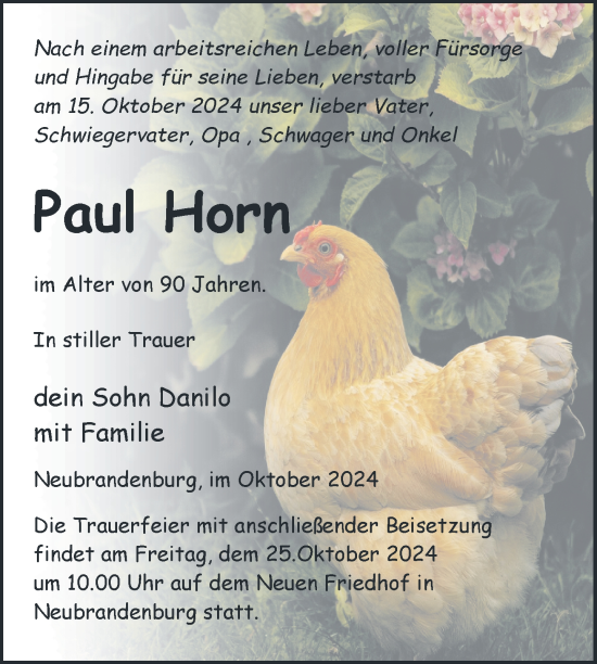 Traueranzeige von Paul Horn von Nordkurier Neubrandenburger Zeitung