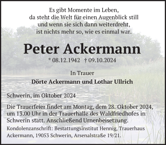 Traueranzeige von Peter Ackermann von Zeitung für die Landeshauptstadt