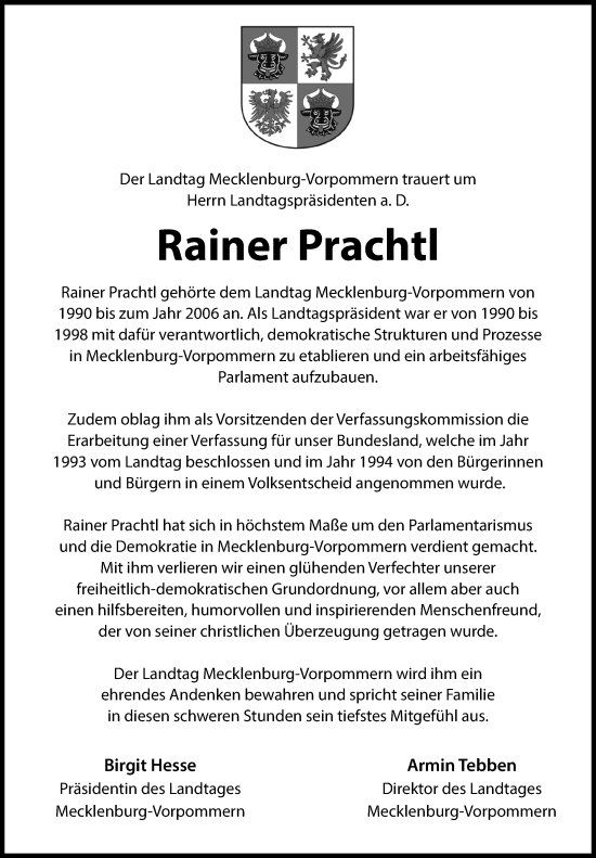 Traueranzeige von Rainer Prachtl 