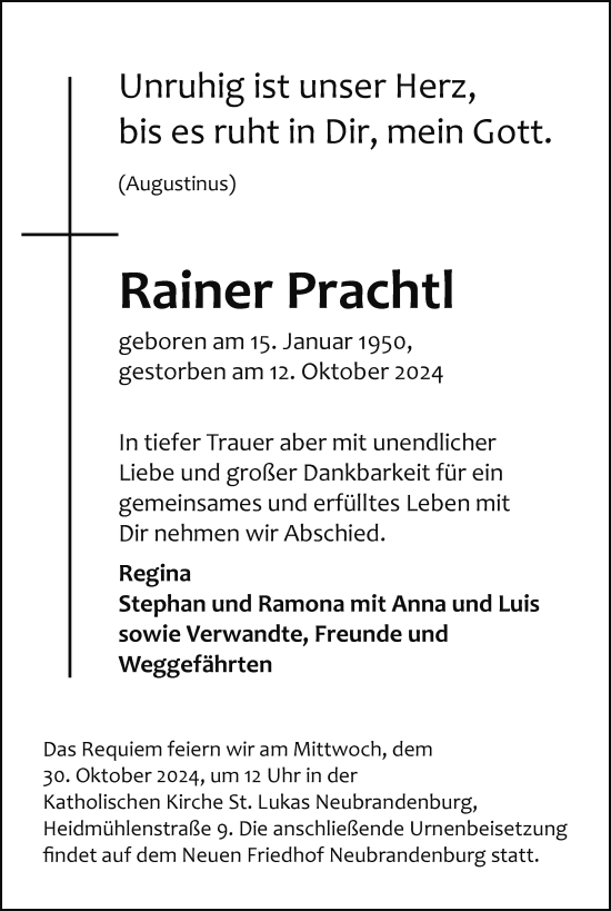 Traueranzeige von Rainer Prachtl von Nordkurier Neubrandenburger Zeitung