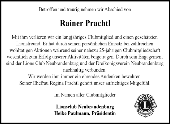 Traueranzeige von Rainer Prachtl von Nordkurier Neubrandenburger Zeitung