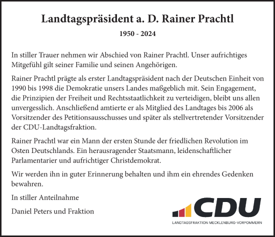 Traueranzeige von Rainer Prachtl von Zeitung für die Landeshauptstadt