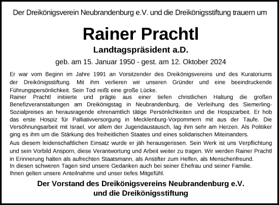 Traueranzeige von Rainer Prachtl von WR Neubrandenburg/Neustrelitz/Waren