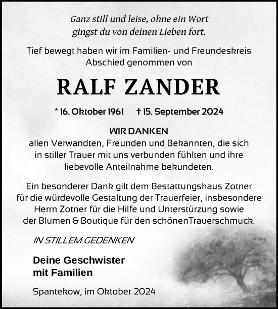 Traueranzeige von Ralf Zander von Nordkurier Vorpommern Kurier