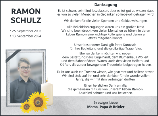 Traueranzeige von Ramon Schulz von Nordkurier Müritz-Zeitung