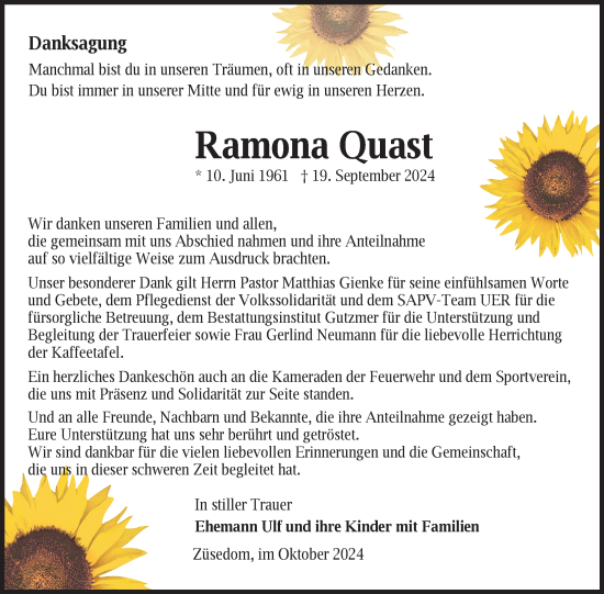 Traueranzeige von Ramona Quast von Nordkurier Pasewalker Zeitung