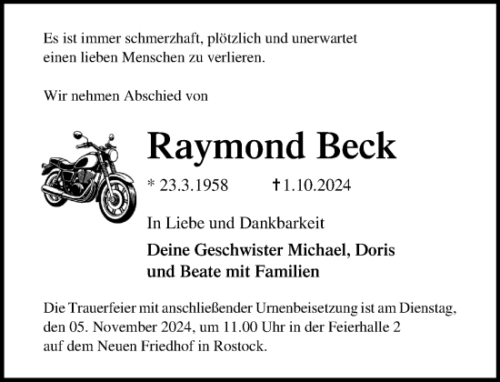 Traueranzeige von Raymond Beck von Norddeutsche Neueste Nachrichten