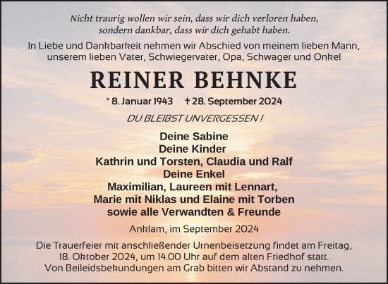 Traueranzeige von Reiner Behnke von Nordkurier Vorpommern Kurier