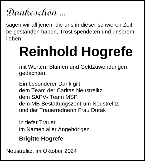 Traueranzeige von Reinhold Hogrefe von Nordkurier Strelitzer Zeitung