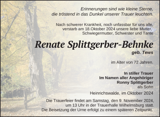 Traueranzeige von Renate Splittgerber-Behnke von Nordkurier Haff-Zeitung