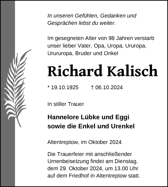 Traueranzeige von Richard Kalisch von Nordkurier Neubrandenburger Zeitung