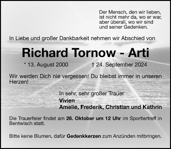 Traueranzeige von Richard Tornow-Arti von Norddeutsche Neueste Nachrichten