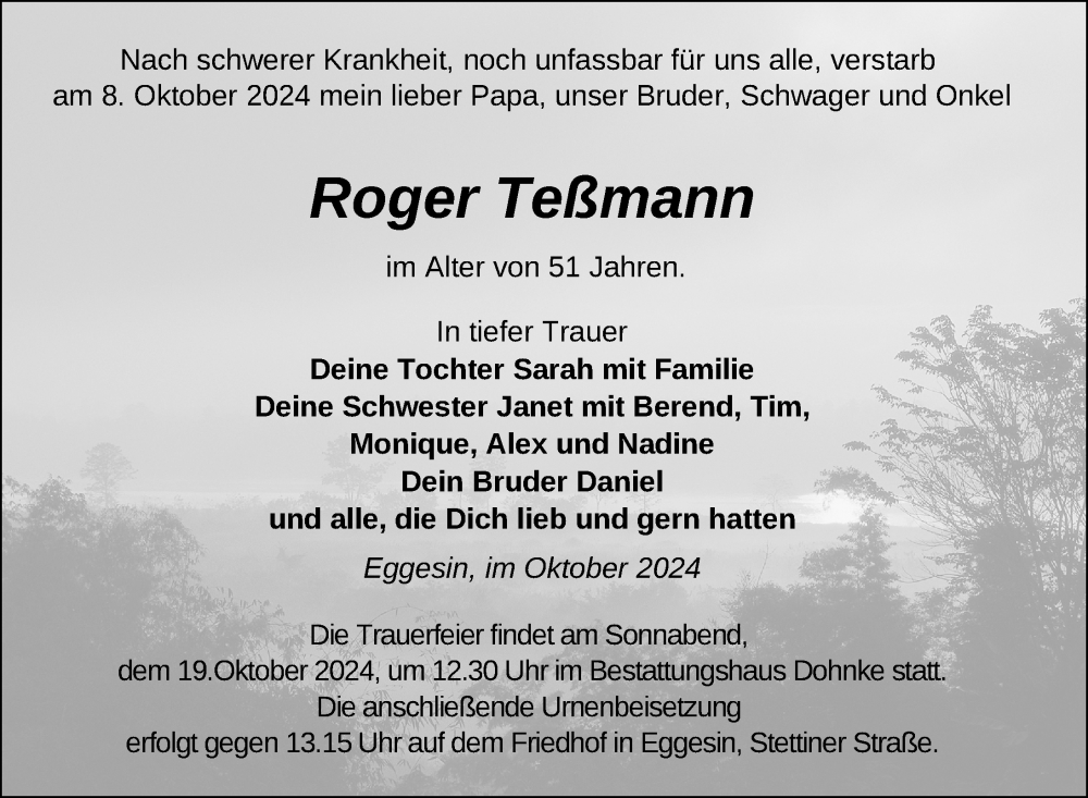  Traueranzeige für Roger Teßmann vom 15.10.2024 aus Nordkurier Haff-Zeitung