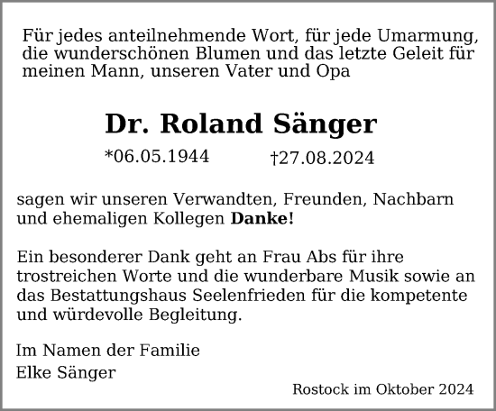 Traueranzeige von Roland Sänger von Norddeutsche Neueste Nachrichten