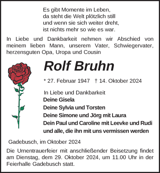 Traueranzeige von Rolf Bruhn von Gadebusch - Rehnaer Zeitung