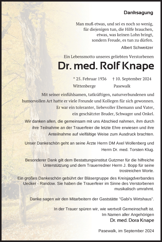 Traueranzeige von Rolf Knape von Nordkurier Pasewalker Zeitung