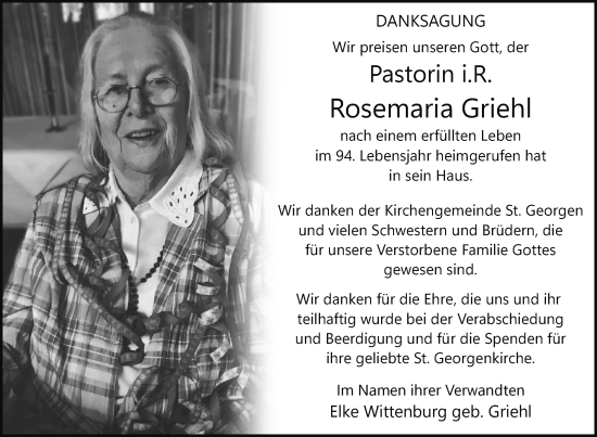 Traueranzeige von Rosemaria Griehl von Nordkurier Müritz-Zeitung