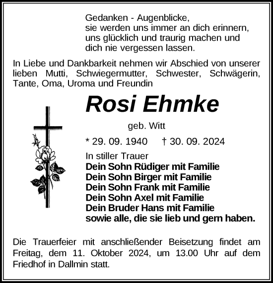 Traueranzeige von Rosi Ehmke von Der Prignitzer, Prignitz Express