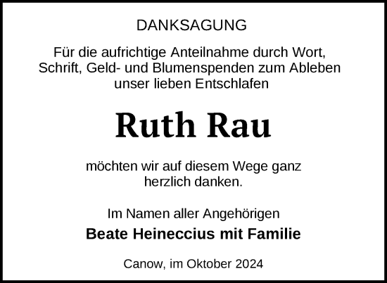 Traueranzeige von Ruth Rau von Nordkurier Strelitzer Zeitung