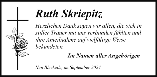 Traueranzeige von Ruth Skriepitz von Hagenower Kreisblatt