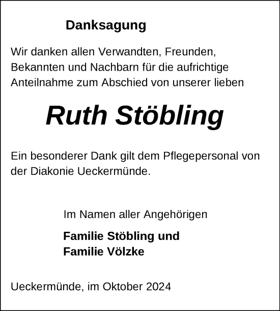 Traueranzeige von Ruth Stöbling von Nordkurier Haff-Zeitung