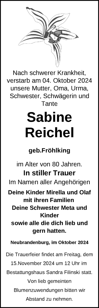 Traueranzeige von Sabine Reichel  von Nordkurier Neubrandenburger Zeitung