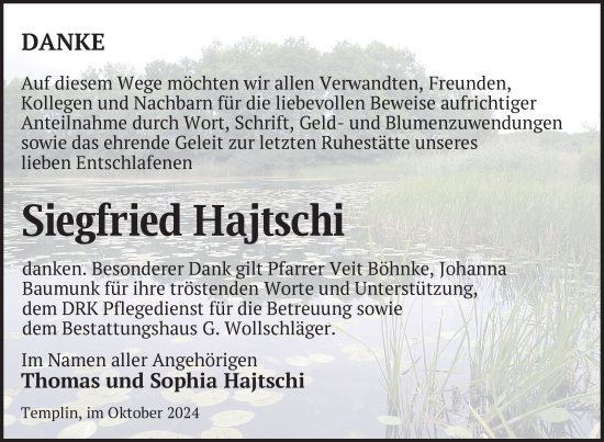 Traueranzeige von Siegfried Hajtschi von Uckermark Kurier Templiner Zeitung