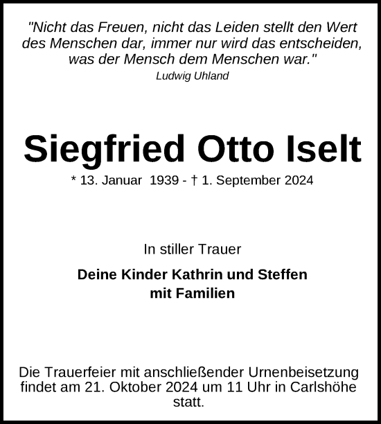 Traueranzeige von Siegfried Iselt von Nordkurier Neubrandenburger Zeitung