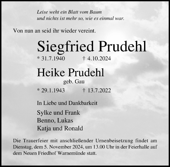 Traueranzeige von Siegfried Prudehl von Norddeutsche Neueste Nachrichten