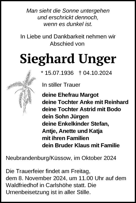 Traueranzeige von Sieghard Unger von Nordkurier Neubrandenburger Zeitung