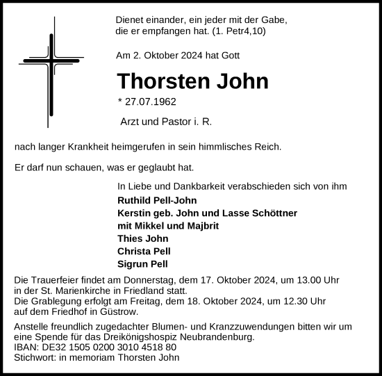 Traueranzeige von Thorsten John von Nordkurier Neubrandenburger Zeitung