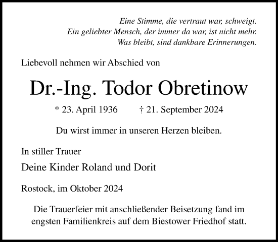 Traueranzeige von Todor Obretinow von Norddeutsche Neueste Nachrichten