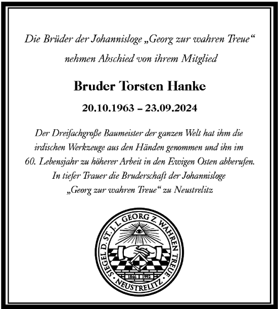 Traueranzeige von Torsten Hanke von Nordkurier Neubrandenburger Zeitung