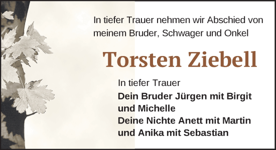 Traueranzeige von Torsten Ziebell von Anzeiger für Sternberg - Brüel - Warin