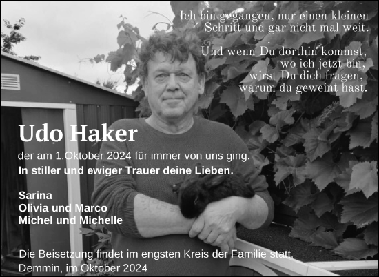 Traueranzeige von Udo Haker von Nordkurier Demminer Zeitung