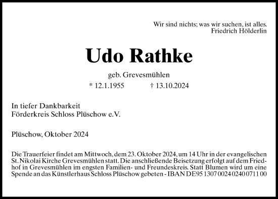 Traueranzeige von Udo Rathke von Norddeutsche Neueste Nachrichten