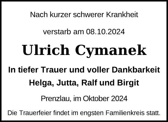 Traueranzeige von Ulrich Cymanek von Uckermark Kurier Prenzlauer Zeitung