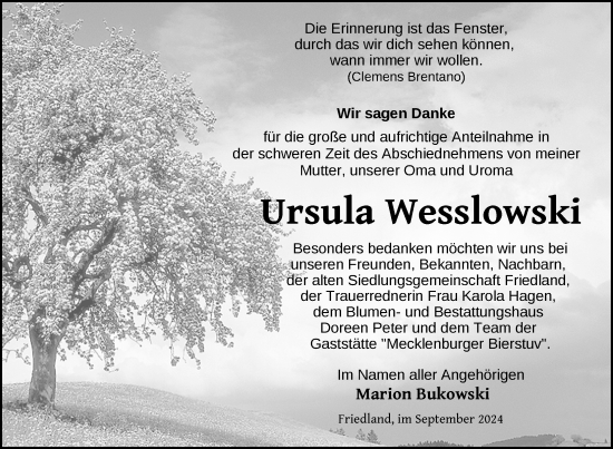 Traueranzeige von Ursula Wesslowski von Nordkurier Neubrandenburger Zeitung