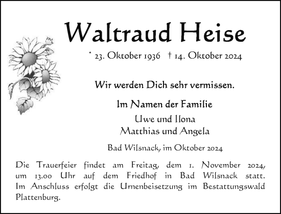 Traueranzeige von Waltraud Heise von Der Prignitzer, Prignitz Express