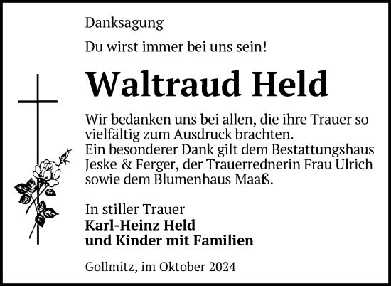 Traueranzeige von Waltraud Held von Uckermark Kurier Prenzlauer Zeitung