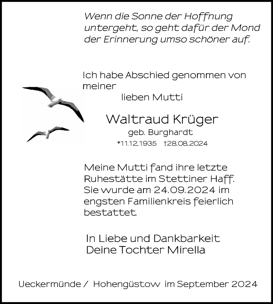  Traueranzeige für Waltraud Krüger vom 02.10.2024 aus Nordkurier Haff-Zeitung