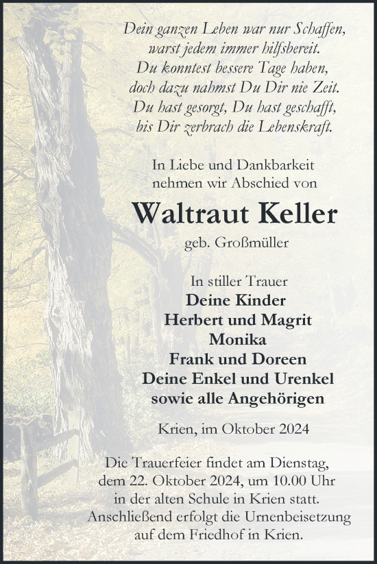 Traueranzeige von Waltraut Keller von Nordkurier Vorpommern Kurier